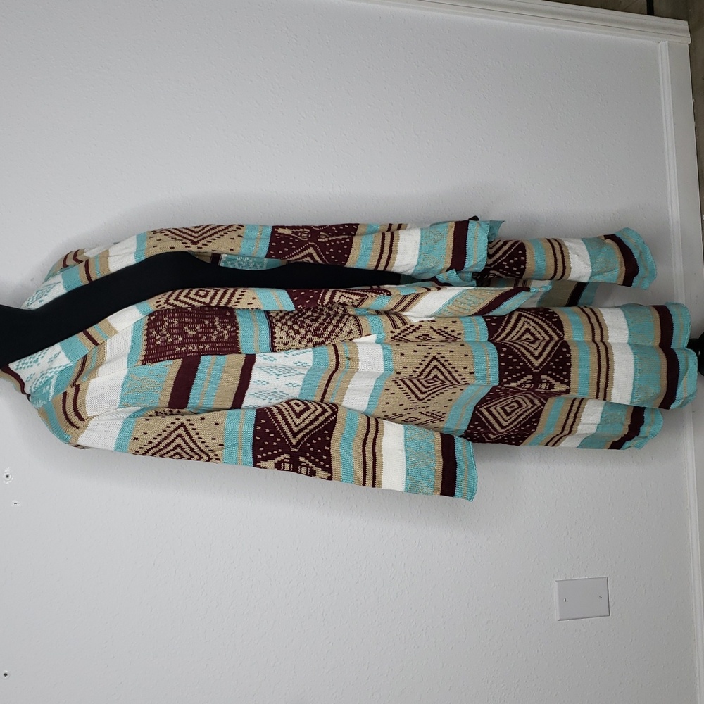 Love Cotton Knit Southwestern Asymmetric Long Line Open Front Cardigan Size M/L - Picture 6 of 14